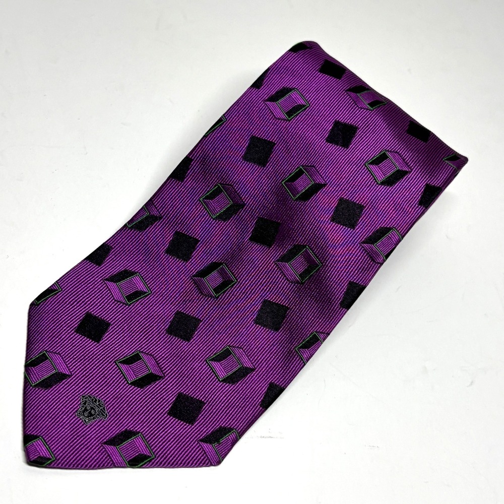 Gianni Versace Silk Tie Mens OS Purple Geometric Medusa Head Italy Vintage 80's‎
